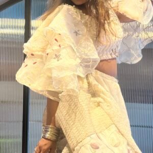 Chiara's Glamour: Off White & Creamy Patch Work Crop Top & Lehenga Set - Party & Wedding Collection